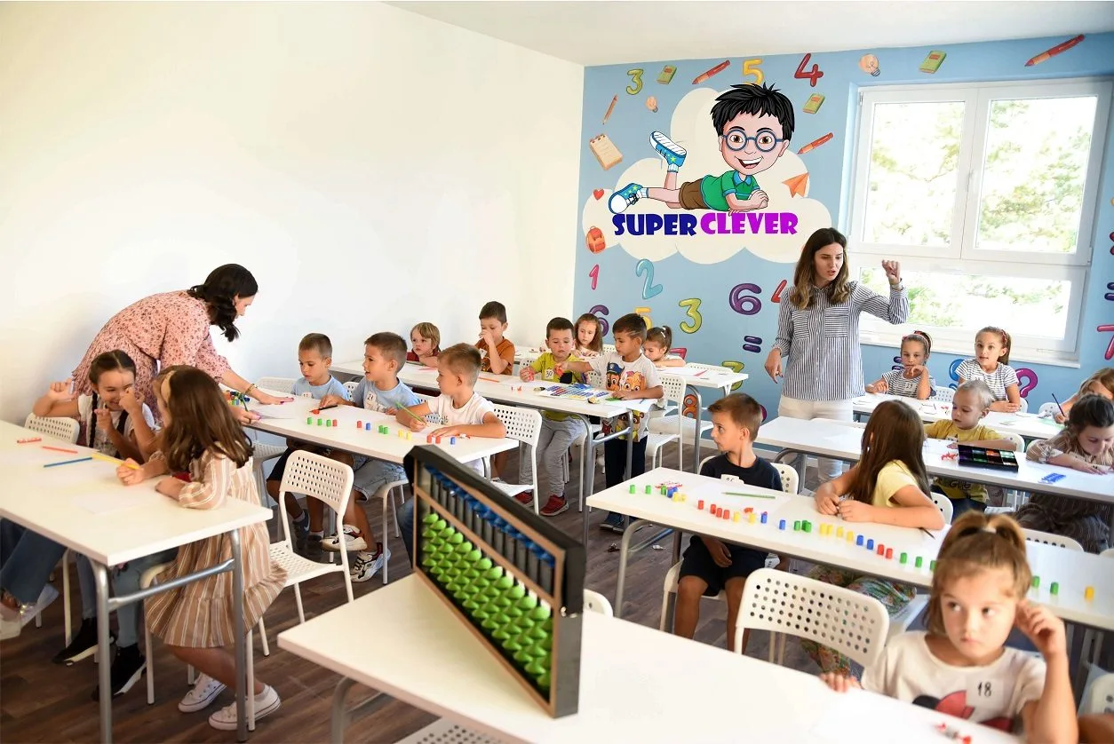 A SuperClever classroom: children at desks with abacuses