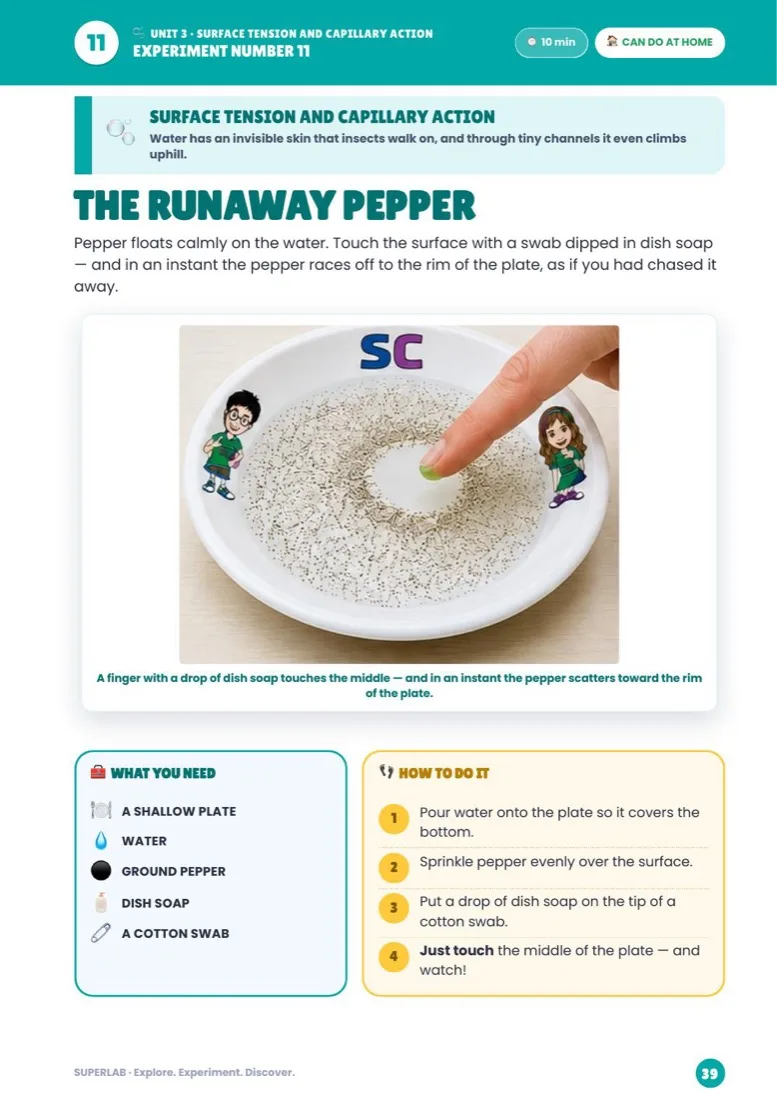 A page from the SuperLab book: experiment 11, with the result photo, the materials list and the steps