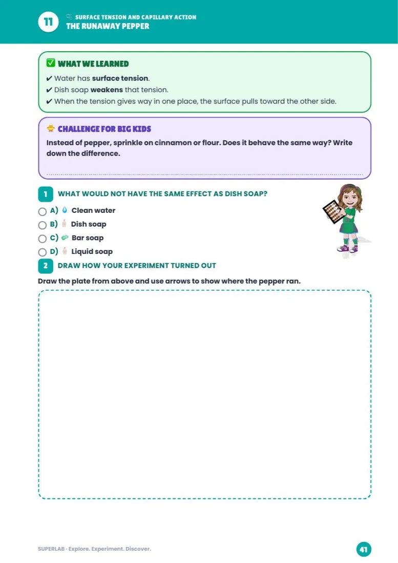 A workbook page from the SuperLab book with a multiple-choice question and a drawing frame