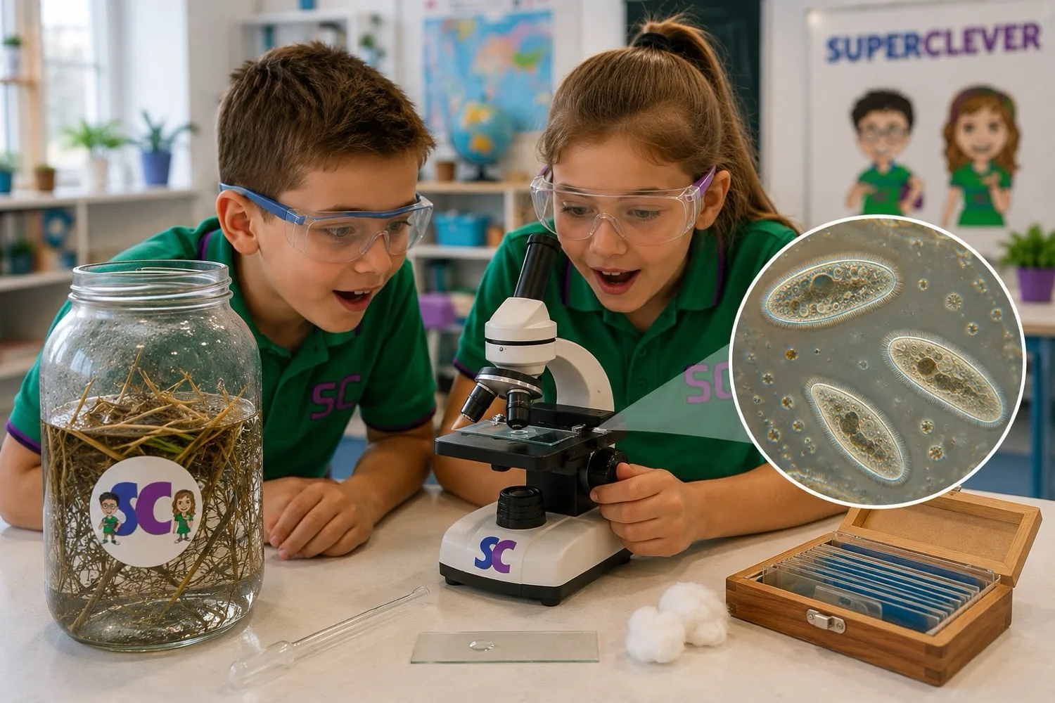 Children looking through a microscope in a SuperLab class